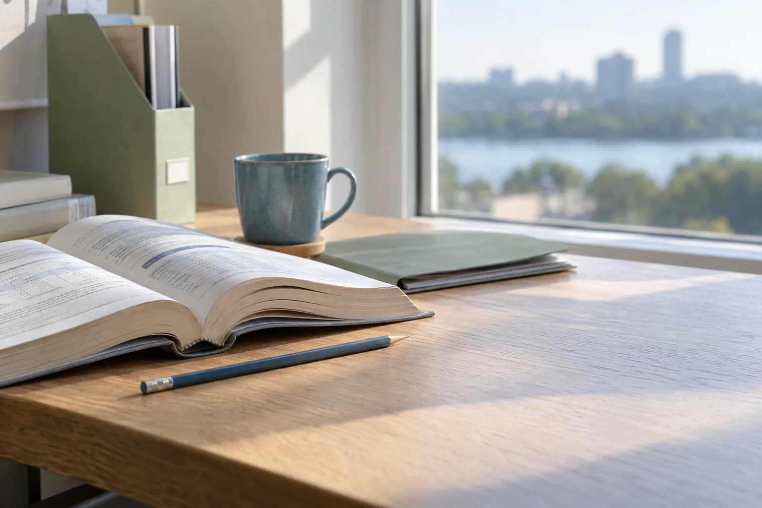 Illustrative study scene with an open textbook beside a window