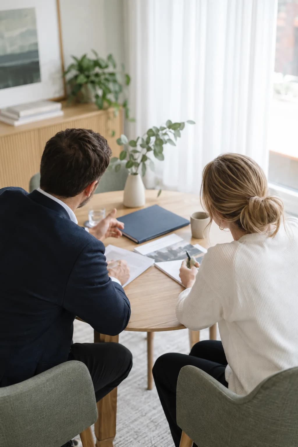 Illustrative scene of colleagues discussing documents